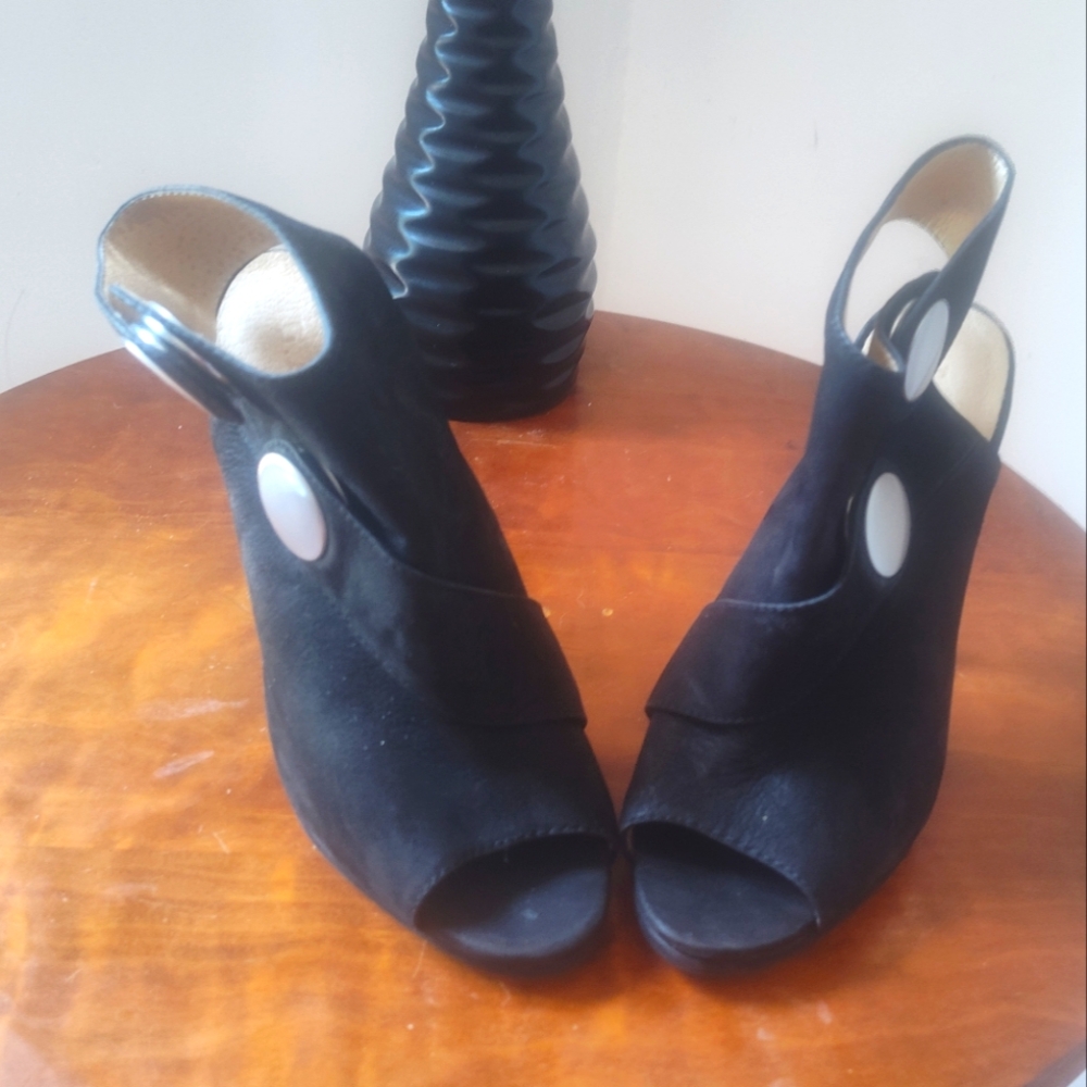 L.A.M.B. Shelbie open toe stiletto sandal with brushed silver buttons
